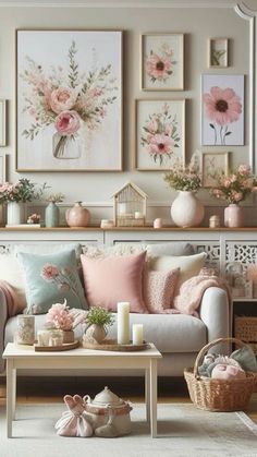 a living room filled with lots of furniture and pictures on the wall above it's coffee table