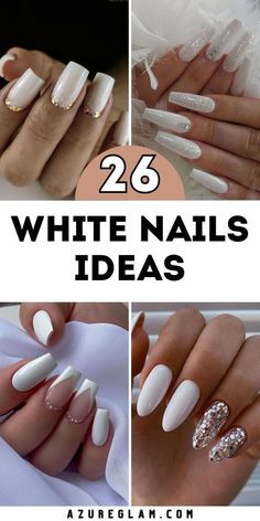 White Tip Nail Designs Coffin, Chic White Nails, Funny Bunny Nails With Rhinestones, White Acrylic Nail Designs Coffin, Nails White Glitter Ombre, Neutral And White Nails, White And Flower Nails, White Nails With Designs Almond Shape, Nails With White Acrylic