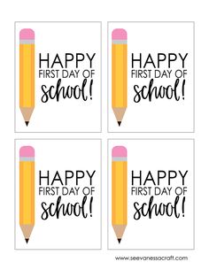 four happy first day of school cards with pencils