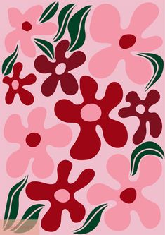 a pink and red flower pattern with green leaves