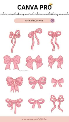 pink bows with the words canva pro on it and an image of them in different colors