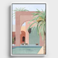 an illustration of a palm tree in front of a pink building with arches and chairs