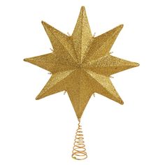 a gold star hanging from the ceiling with spirals on it's side and a christmas tree topper in the middle