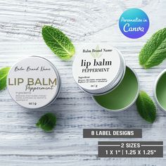 "Set of 8 Round Lip Balm Label Templates - This set of templates for lip balm tube labels offers customizable text, font, font color, and background color to allow you to personalize the design for your brand. Easily customize the template(s) to add your business name and ingredients. These round lip balm tin labels are available in 2 sizes, 1x1\" and 1.25x1.25\". Your customers will love the look of these lip balm labels! This label template is customizable in Canva, an online template editor t Lip Balm Template, Lip Balm Label Ideas, Lip Balm Branding Design, Lip Balm Label Design, Round Lip Balm Labels Template, Lip Balm Labels Template, Lip Balm Tube Labels, Lip Balm Label, Lip Balm Brands