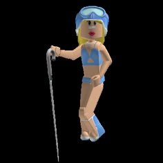 a lego figure is holding a stick and wearing goggles while standing on one leg