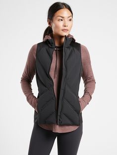 Inlet Vest | Athleta Weather And Climate, Black Down, Hiking Outfit, Performance Fabric, Petite Size, Online Purchase, Cold Weather, Athleisure, Zip Pockets