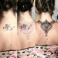 the back of a woman's neck with tattoos on her upper and lower back