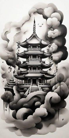 black and white drawing of a pagoda in the clouds