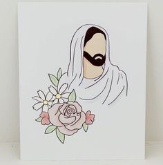 a white card with a drawing of a woman wearing a veil and holding a flower