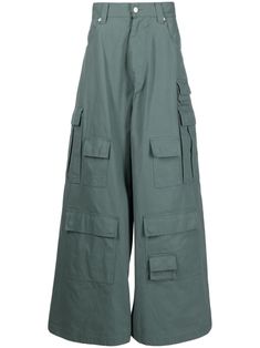 sage green cotton mid-rise belt loops zip fly fastening classic five pockets multiple front patch pockets wide leg floor-length straight hem When buying this unisex item, keep in mind that it is graded in standard men's sizing Yoko London, City Dress, Green Pants, Summer Beach Wear, Ballet Flat Shoes, Tailored Trousers, Green Cotton, Wide Leg Trousers, Bottoms Pants