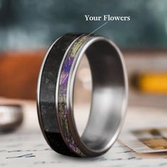 the inside of a wedding ring with an image of flowers on it and text that reads, your flowers