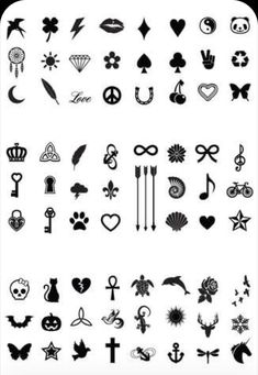 a large set of different symbols and icons in black and white, including hearts, crosses,