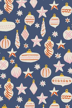 an image of christmas ornaments and stars on a blue background with red, white and pink colors