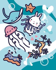 an illustration of jelly fish and other sea animals floating in the water with bubbles around them