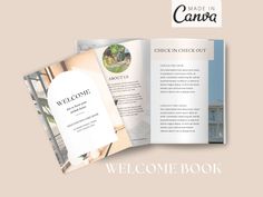 an open brochure is shown with the words welcome in white lettering on it