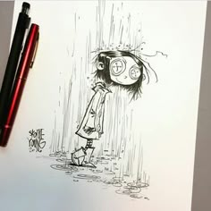 a drawing of a girl in the rain with an umbrella over her head and another pen next to it