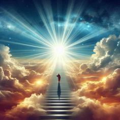 a man standing on top of a stairway in the sky with bright beams above it