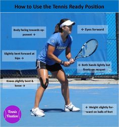 a woman holding a tennis racquet on top of a tennis court with words describing how to use the tennis ready position