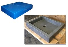 a blue square sink sitting on top of a wooden floor next to a box with a hole in it