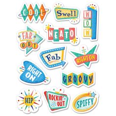 colorful stickers with different words and shapes on white background, including the word's name