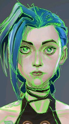 a digital painting of a woman with blue hair and green eyes looking at the camera