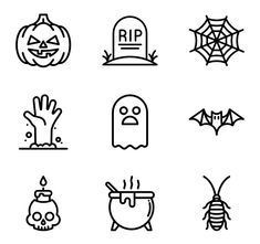 black and white halloween icons on a white background