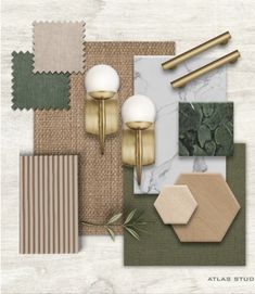 an assortment of different materials are shown in this graphic design workbook, including gold and green accents