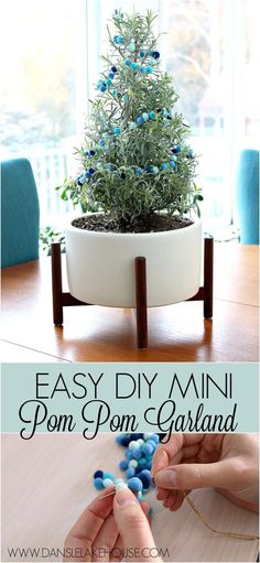 a potted plant with blue beads in it and the words easy diy mini pom - pom garland