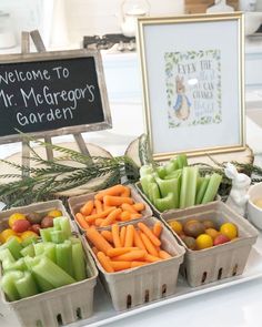 there is a sign that says welcome to mr mcroger's garden next to several trays of vegetables