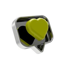 a green and black heart shaped object on top of a metal frame with a white background