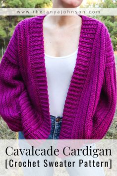 a woman wearing a purple cardigan with text overlay that reads, crochet sweater pattern