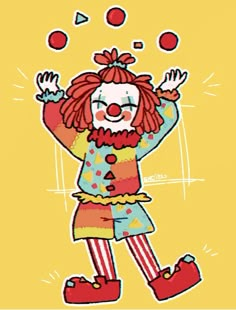 a drawing of a clown juggling with his hands in the air and wearing red shoes