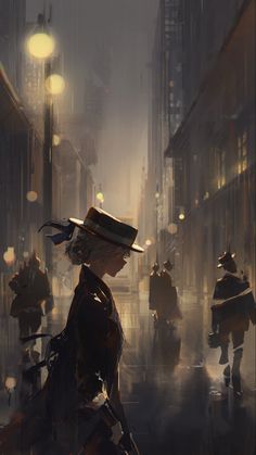 a woman in a hat and coat walking down a street at night with other people