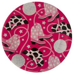 a pink plate with black and white designs on the front, featuring cowgirl boots