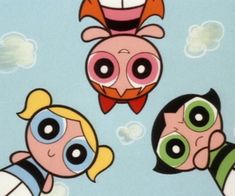 three cartoon characters with big eyes and one has an evil smile on it's face