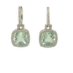 These are dainty natural green amethyst and diamond drop earrings that are set in solid 18K white gold. The natural cushion cut amethysts have excellent light green color and are surrounded by a halo of white diamonds. The Earring is stamped in 18K white gold and the perfect gift to buy. Details: ►Metal: White Gold ►Gold Purity: 18K ►Natural Gemstone: Natural Green Amethyst  ►Gemstone Weight: 6.30 carat ►Gemstone Color: Light Green ►Gemstone Size/Shape: Cushion ►No. of natural diamonds: 84 ►Natu Luxury Green Amethyst Earrings As Gift, Luxury Green Amethyst Jewelry, Faceted Green Amethyst Earrings Gift, Green Amethyst Gemstone Dangle Earrings, Elegant Faceted Green Amethyst Earrings, Green Amethyst Earrings, Natural Cushions, Diamond Drop Earrings, Green Amethyst