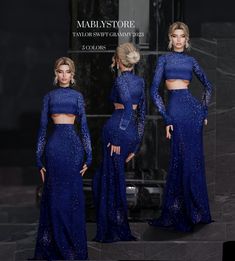 two piece blue prom dress with long sleeves and cutouts on the sides, in front of