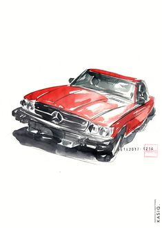 a drawing of a red car on a white background with the word, mercedes written below it