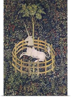 an image of a unicorn on a fence in the middle of flowers and trees with other animals around it