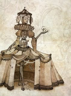 a drawing of a woman dressed in an elaborate dress