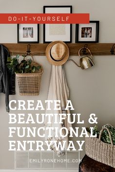 an entry way with pictures and plants hanging on the wall, along with a coat rack