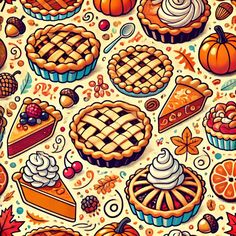 many different types of pies and other food items on a white background with autumn leaves