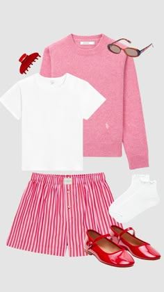 Summer New England Outfits, Pink And Red Aesthetic Outfit, Red Ballerinas Outfit, Red And Pink Outfit, Pink And Red Outfit, Red Ballerinas, Outfit Layout, 가을 패션