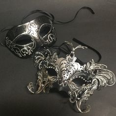 "Made from quality resin, way better than the paper type. Painted in black silver color using acrylic painting, and female mask added laser cut metal piece and clear crystals. One size fits all adults and kids over 10 years old Approximately 6.75\" wide x 2.75\" tall U.S. Standard shipping takes around 5 business days Other countries Standard shipping takes 2-3 weeks Please check with me for multi orders discount prior to check out. Thanks!" Butterfly Masquerade Mask, Fantasy Ball, Spring Ball, Masquerade Ball Mask, Fun Costumes, Couple Black, Quinceanera Planning, Silver Mask