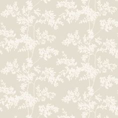 a wallpaper with white flowers and leaves on the side, it is light gray