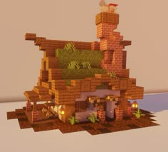 a small house made out of bricks and wood with plants growing on the roof top