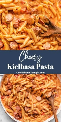 cheesey kielbasa pasta in a skillet with a wooden spoon on the side