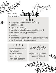 use this sheet as a reminder all month, print it out/Pin it, set your own goals! 

August, discipline, monthly goals, monthly motto, healthy living, growth mindset, self-development August Monthly Reset, Goals For August, Self Growth Monthly Challenge, August Wellness Month, Self Growth Month, Setting Monthly Goals