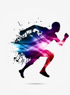 the silhouette of a man running with paint splatters on his body and head