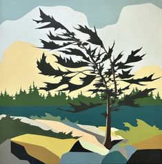 a painting of a tree on the shore